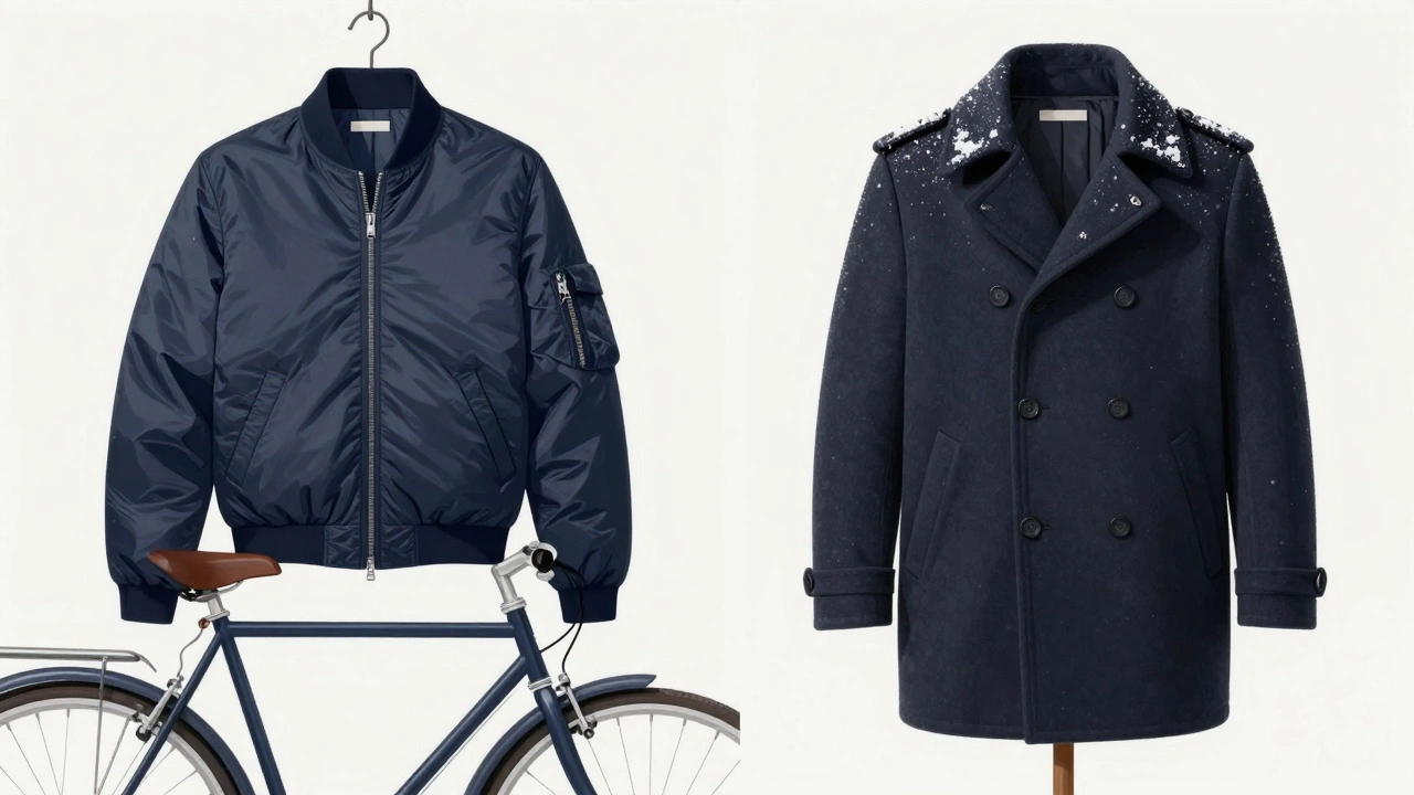 Side-by-side comparison of a bomber jacket and a pea coat, highlighting material textures and structure.