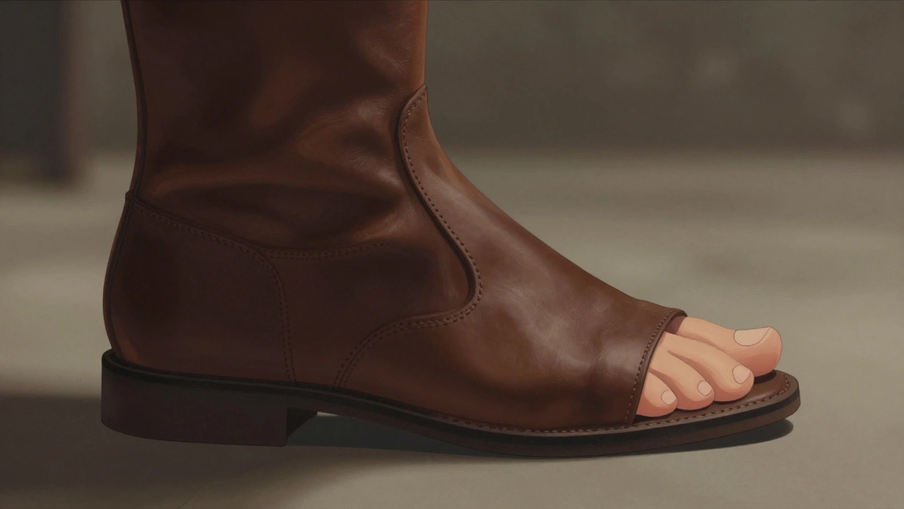 Side view of foot in boot showing perfect half-inch toe space and finger test.