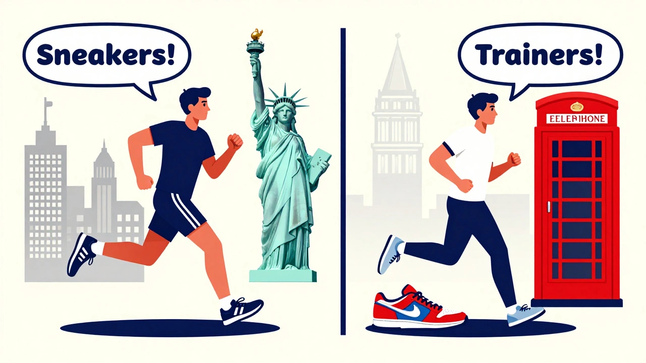 Split illustration showing 'Sneakers' in America and 'Trainers' in Britain with cultural icons on each side.