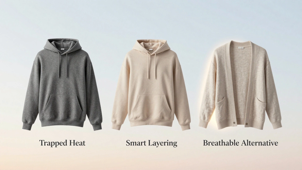 Three hoodies suspended in air: bulky, lightweight, and cardigan alternative against gradient sky.