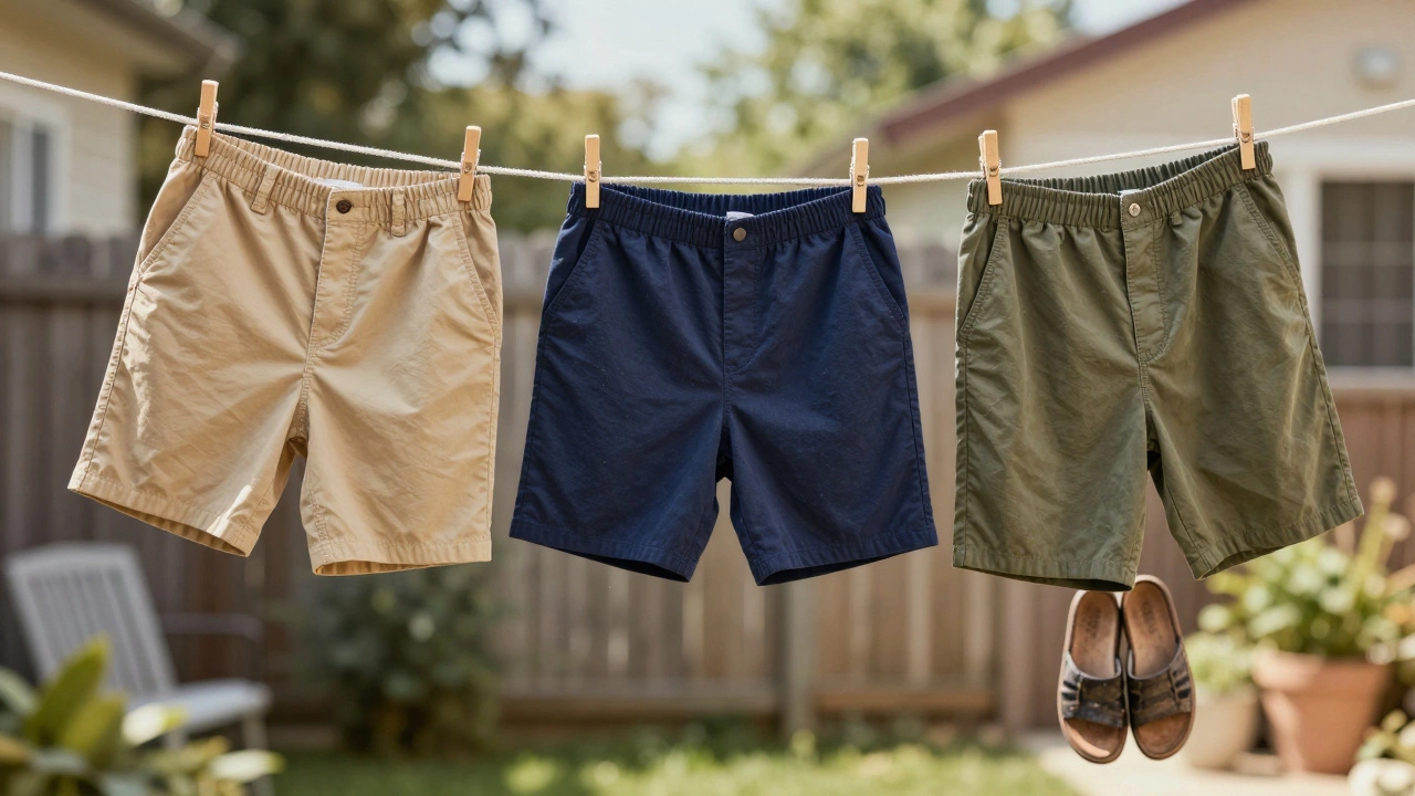 Three pairs of neutral-colored shorts hanging on a clothesline with simple tees and sandals.