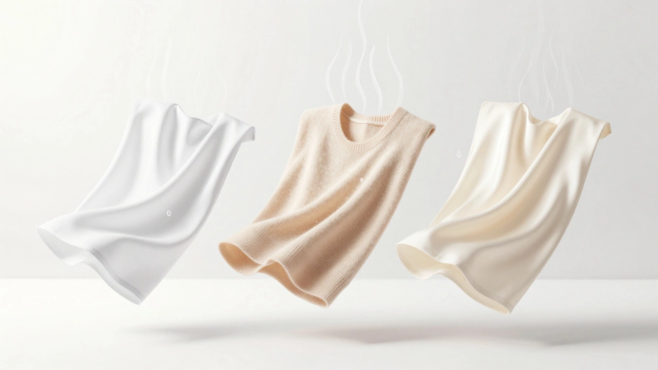 Three performance fabric swatches—polyester, merino wool, and bamboo—floating with moisture evaporating away from skin surface.