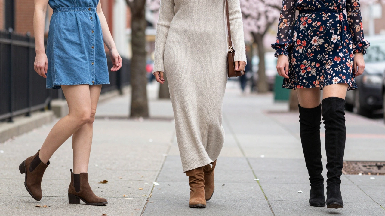 Three women wearing different dress-and-boot combinations on a seasonal city sidewalk.