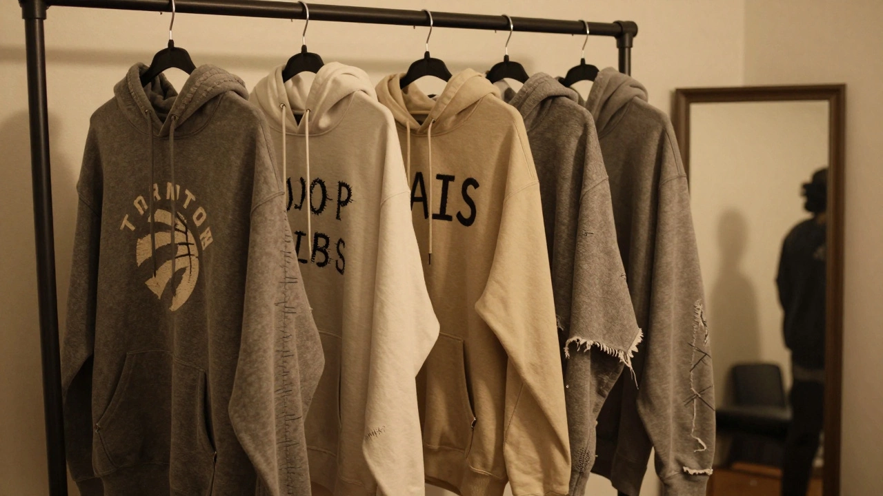 Three worn hoodies hang on a rack, each with unique details, reflecting behind a mirror that shows only empty space.