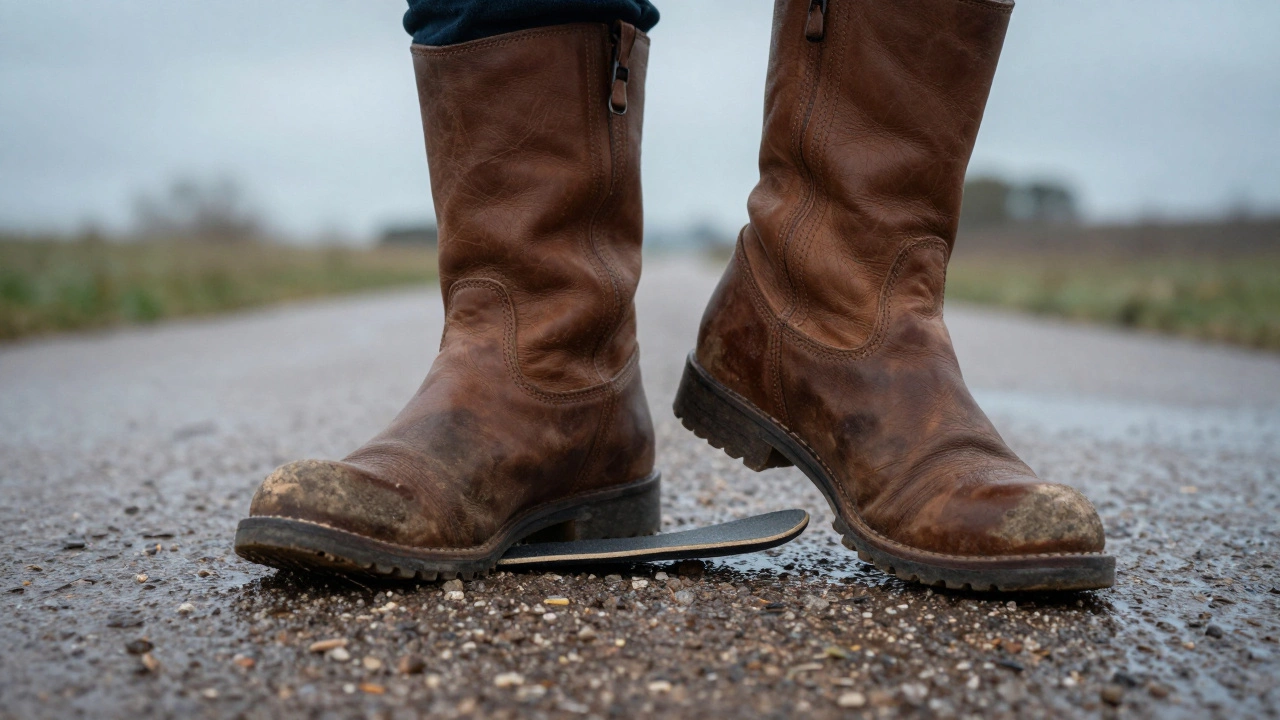 Thursday boots on gravel with insoles visible, showing fit adjustments.