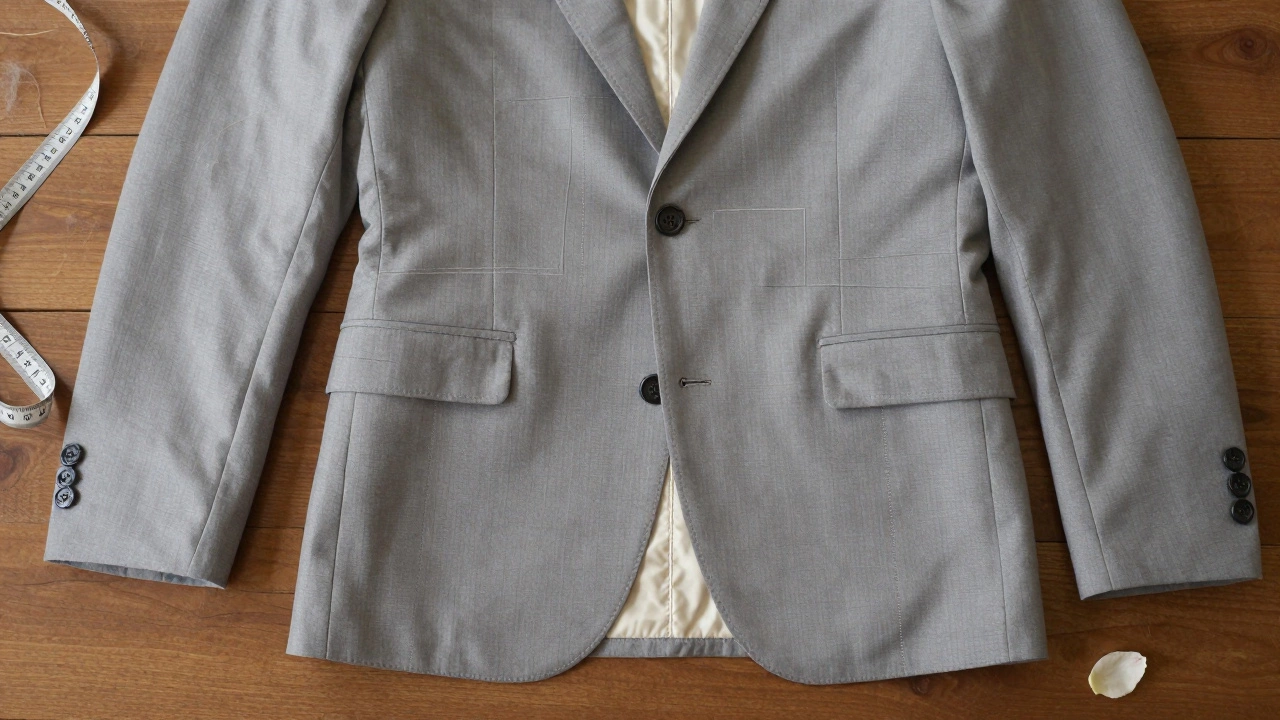 A high-end suit laid flat with visible hand-stitched seams, functional buttons, and a boutonniere hole.