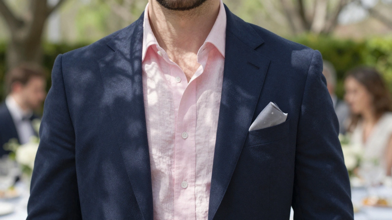 A man in a navy suit with a pale pink shirt at a spring wedding.