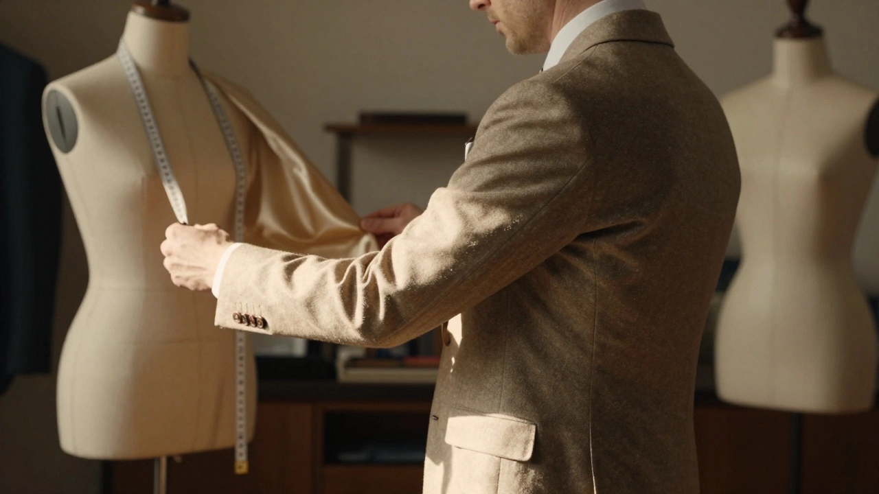 A man in a tailored suit standing in a workshop, sunlight highlighting the silk lining and handmade buttons.