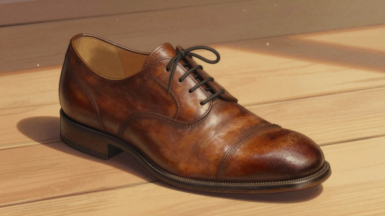 A well-worn shell cordovan shoe with deep patina, molded to the foot over time.