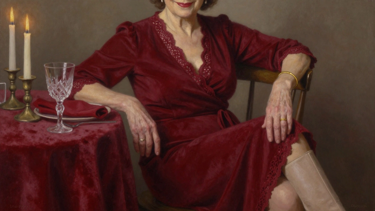 A woman in a deep red wrap dress with lace trim smiles softly at a candlelit dinner.