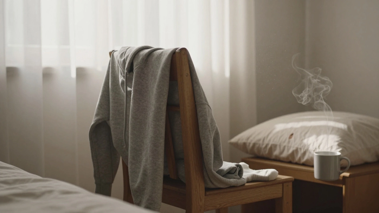 An empty chair with a rumpled hoodie draped over it, morning light streaming in, hinting at recent use.