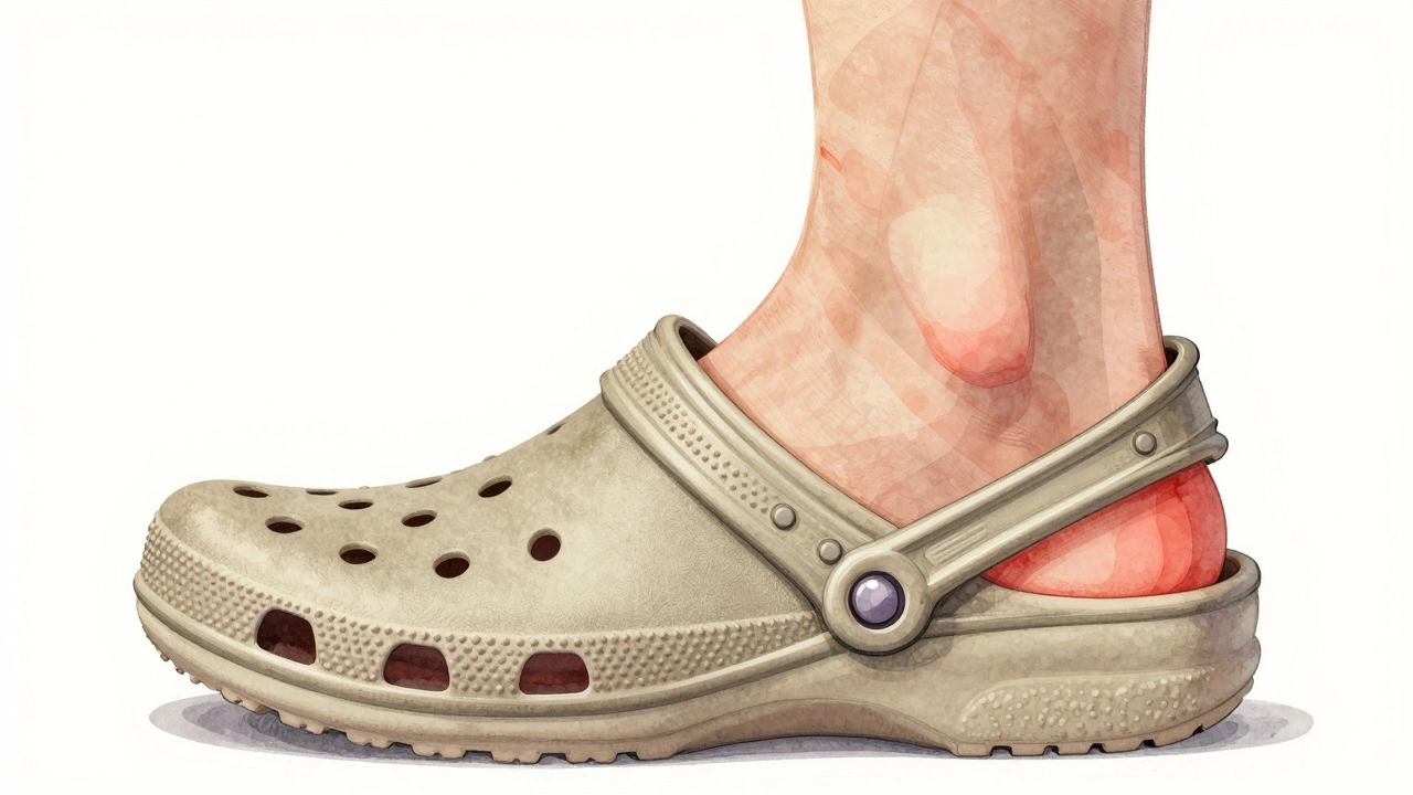 Anatomical illustration showing a foot in a Croc with flat insole causing inward foot roll.