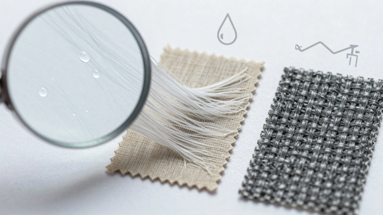 Close-up of performance fabric samples showing polyester, spandex, and recycled fibers under magnification.