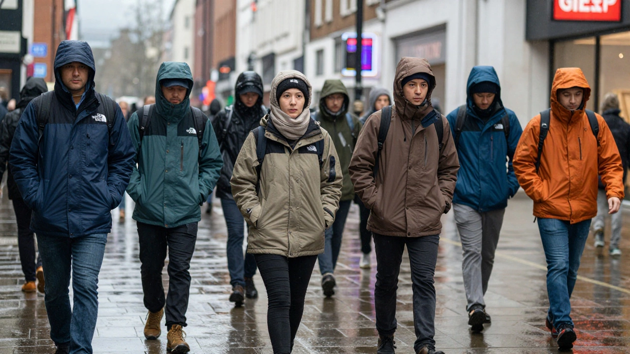 Commuters in a city walk through rain wearing different winter jackets, each suited to their needs.