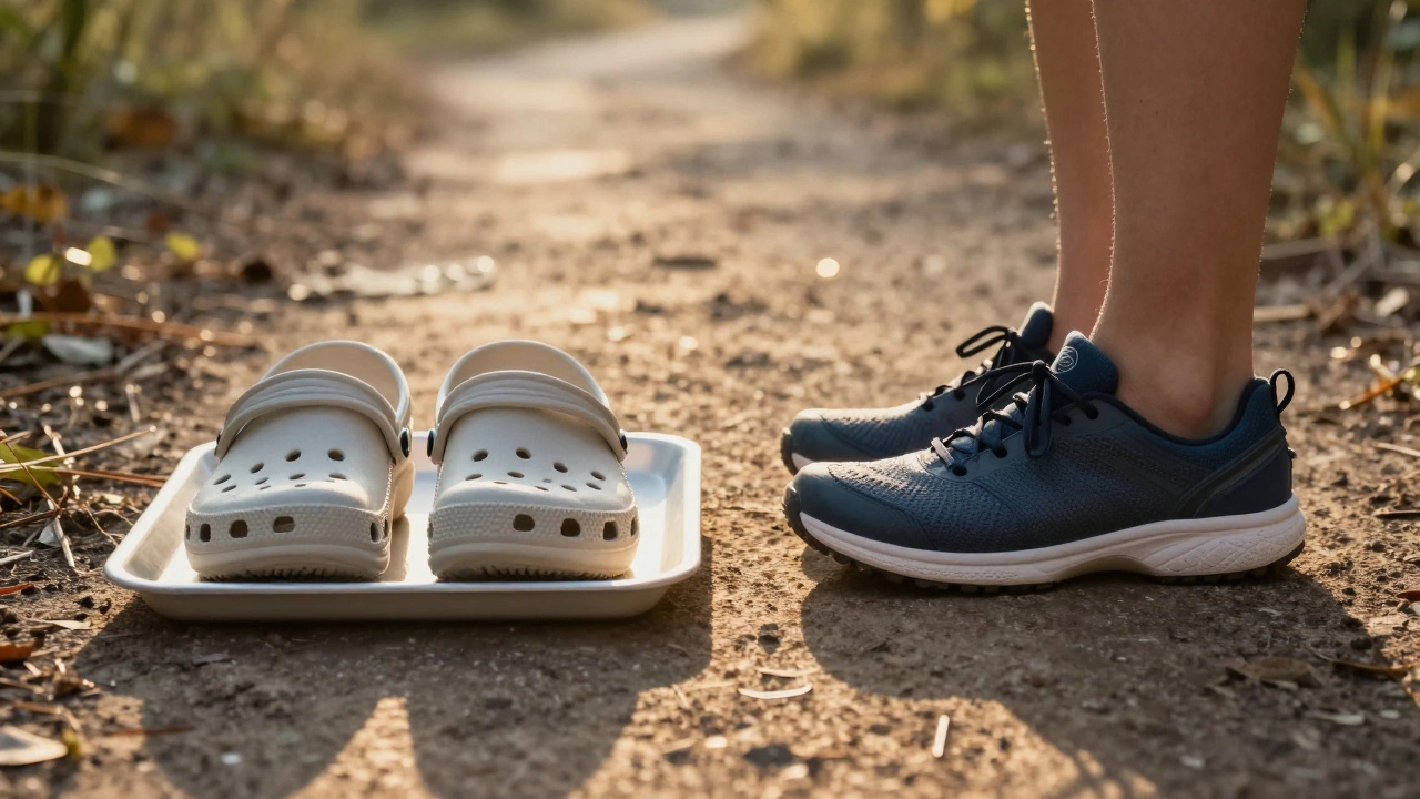 Crocs beside a supportive shoe, symbolizing their use in controlled environments versus active movement.