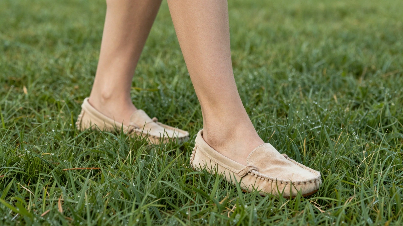 Deer leather moccasins on bare feet walking through grass, conveying natural softness.
