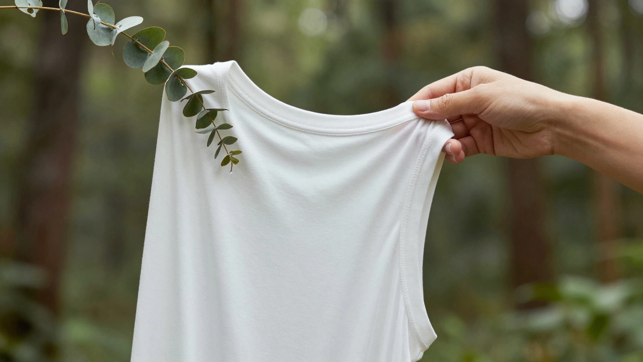 Hand stretching a soft Tencel-blend t-shirt with eucalyptus leaves and water droplet reflection.