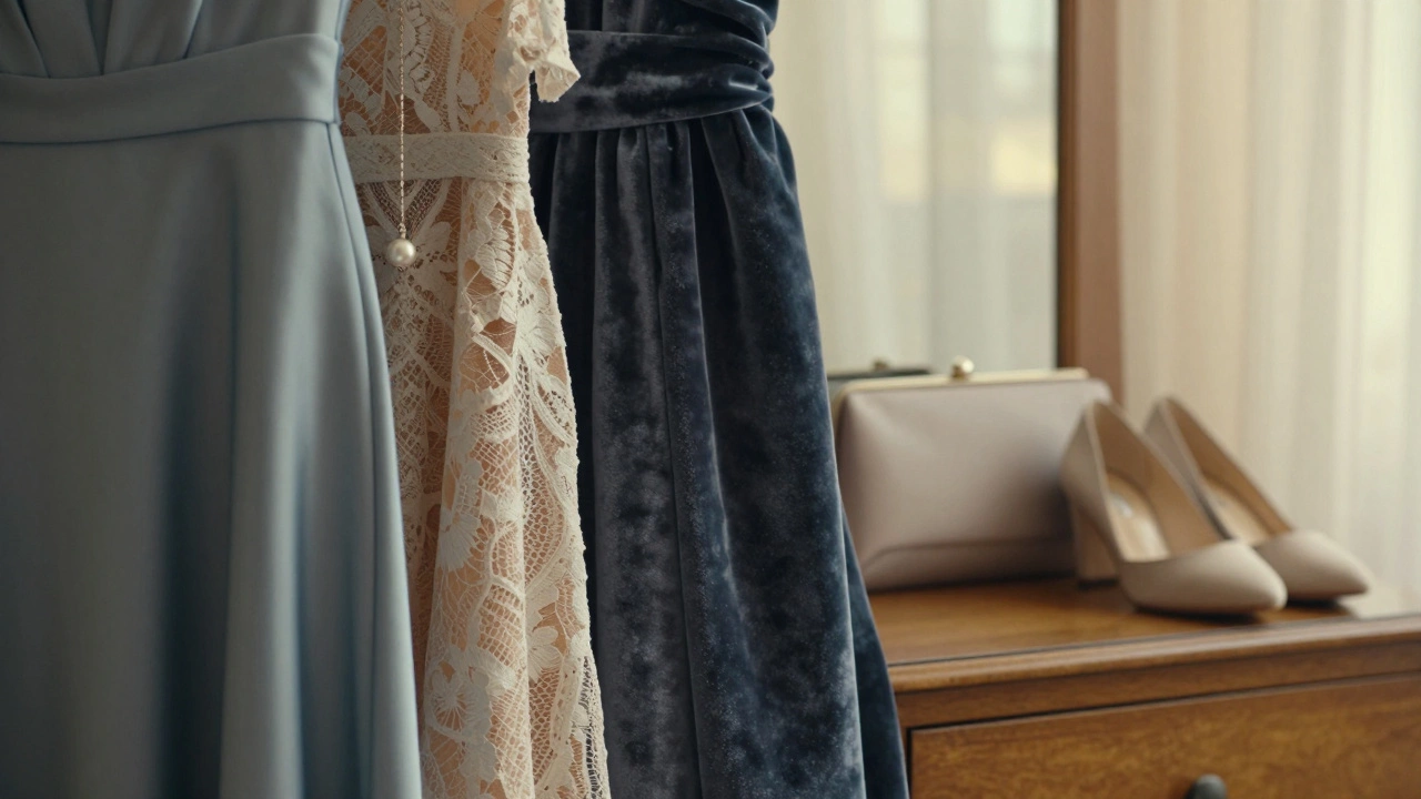 Luxury fabrics—silk, velvet, and lace—with elegant accessories on a vanity under soft light.