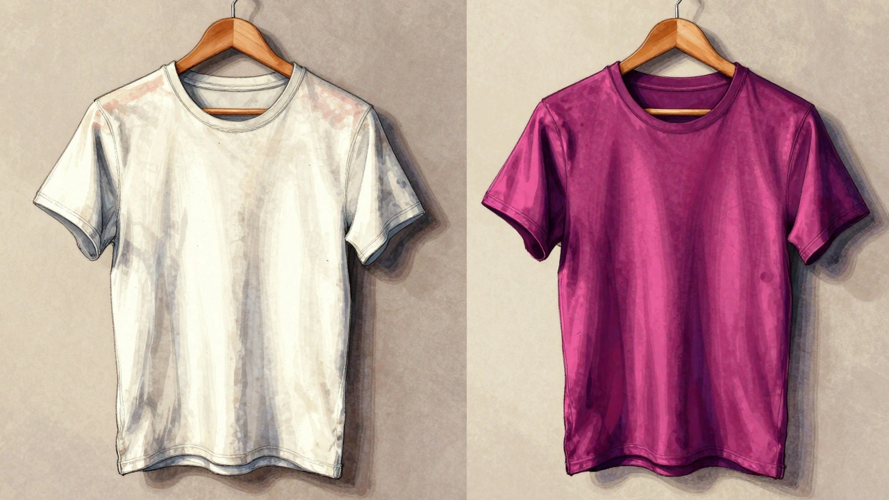 Side-by-side comparison of faded polyester blend and vibrant Supima cotton t-shirts hanging on wooden hangers.