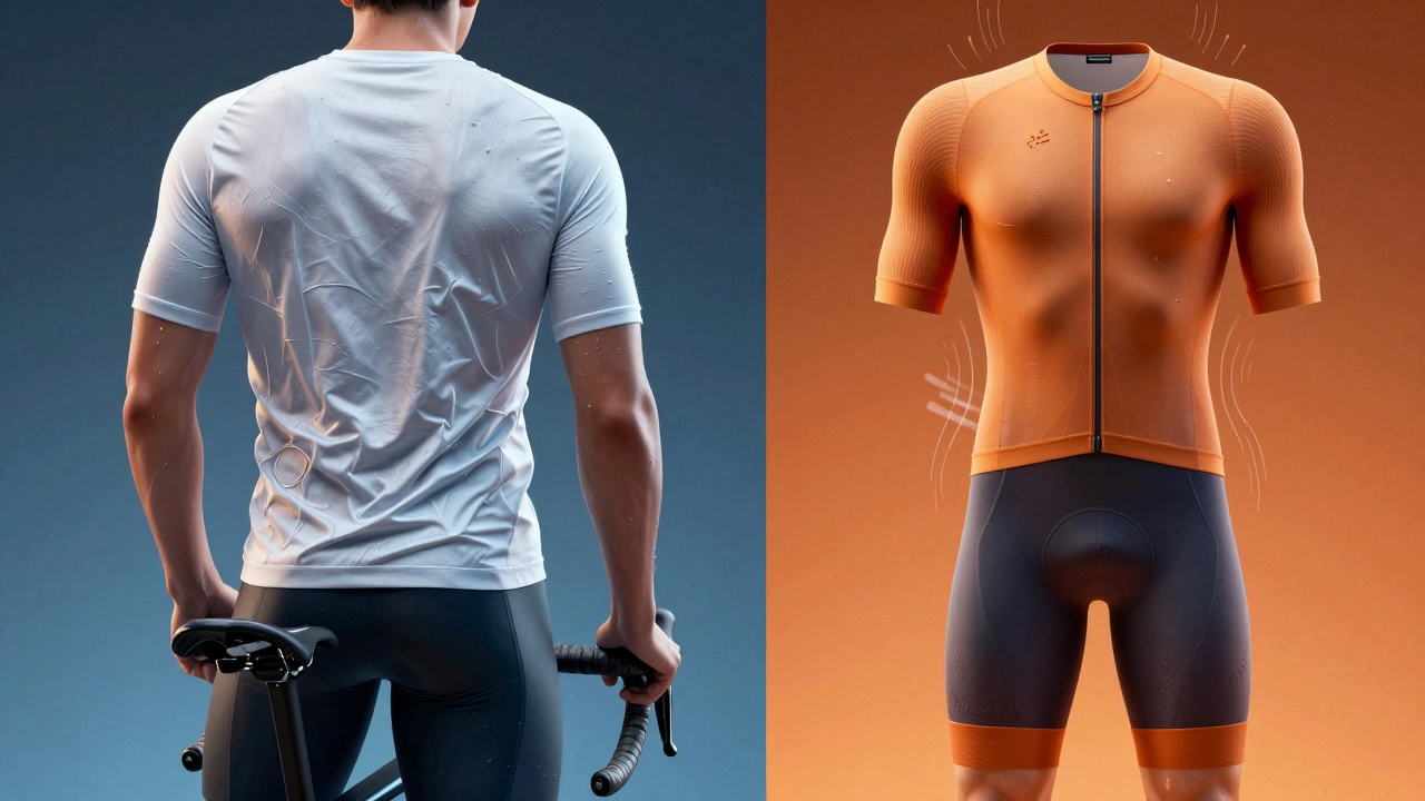 Split image contrasting damp cotton clothing with performance sportswear designed for cycling.