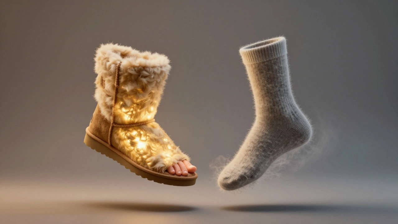 UGG boot with bare foot glowing warmly versus one with sock causing dull haze, symbolizing function loss.