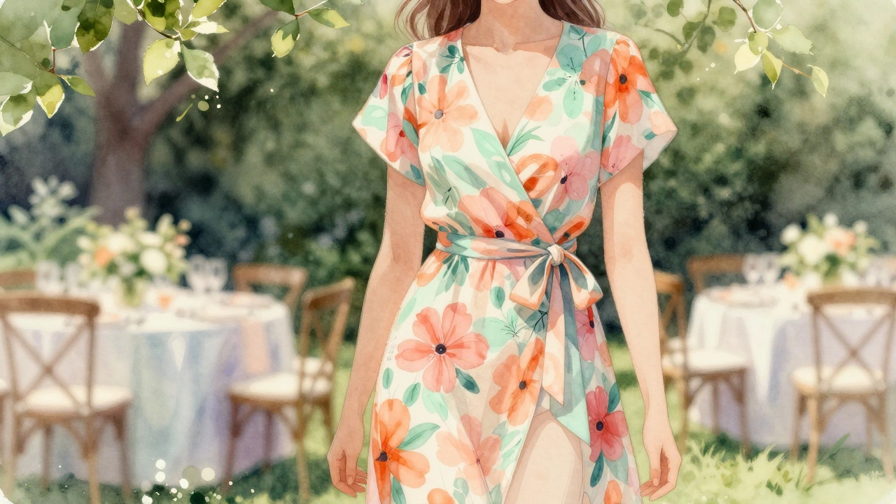 Woman in short-sleeved wrap dress at garden party