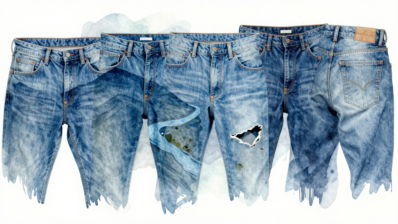 Abstract watercolor depiction of denim wear patterns transformed into a landscape of personal history.
