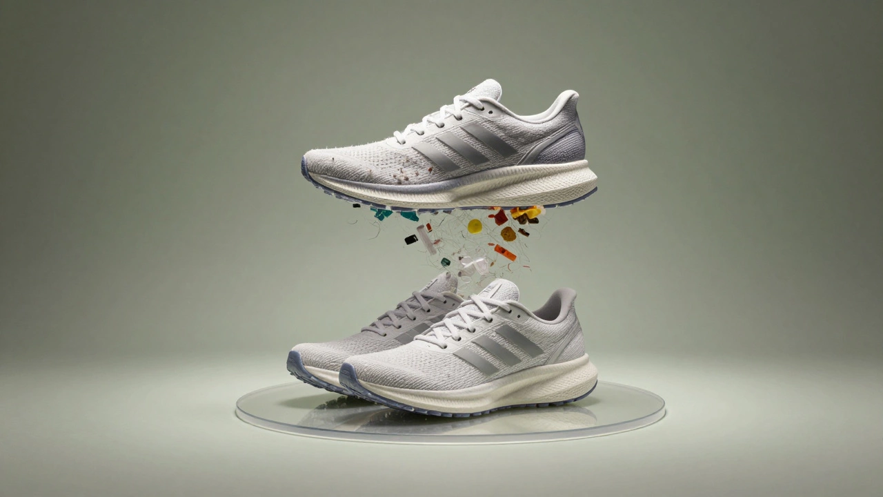 Adidas Futurecraft.Loop shoe disassembling into recycled materials and reforming into a new pair, symbolizing circular sustainability.