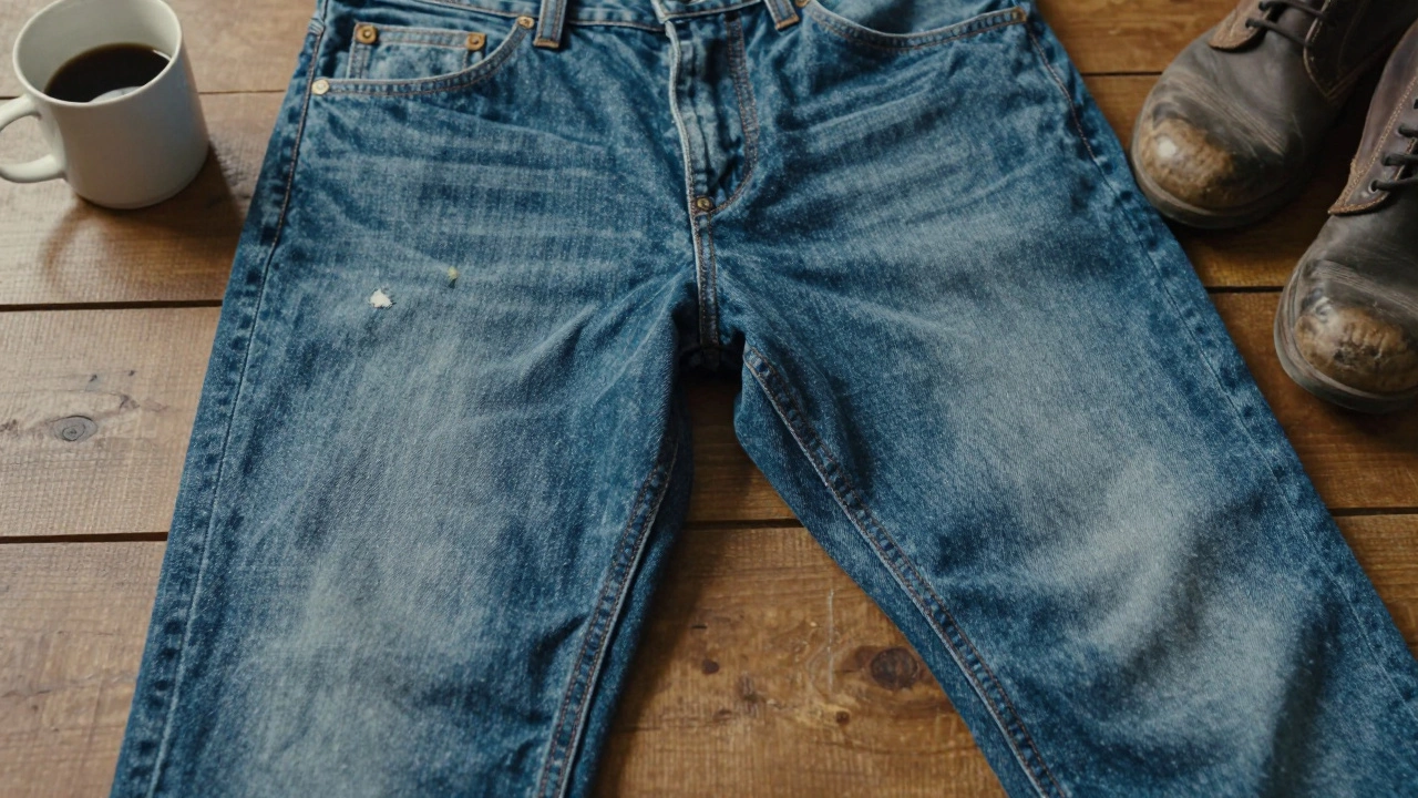 Close-up of worn denim knees with natural fading and a small repaired tear, showing signs of long use.
