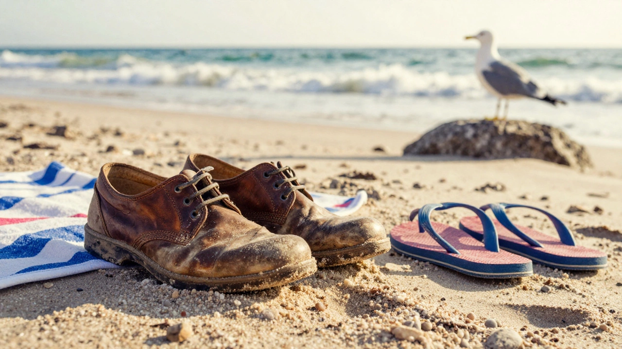 Cracked leather shoes covered in sand and salt beside beach towels and water shoes.