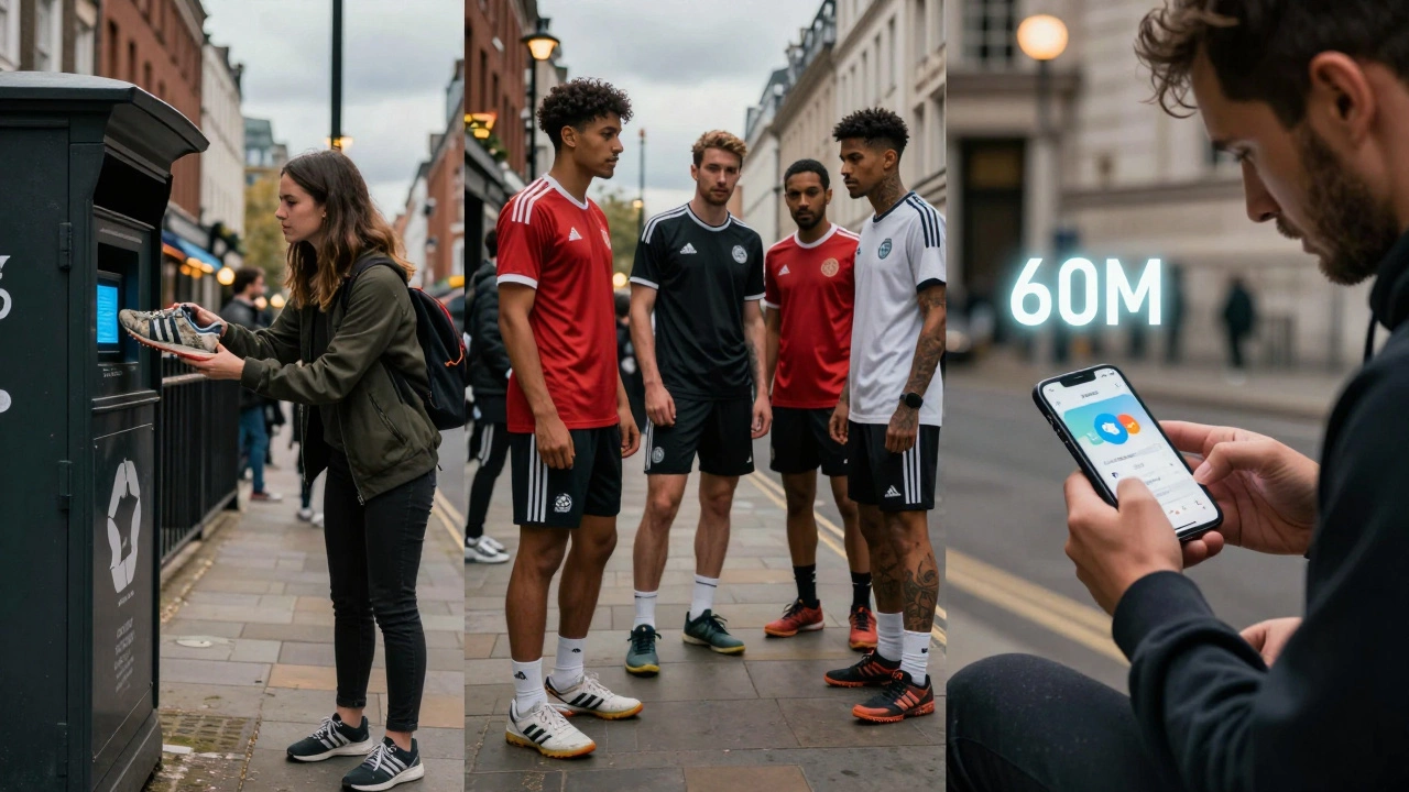 Diverse group of people in Europe engaging with Adidas' recycling program, athletic gear, and digital app customization.