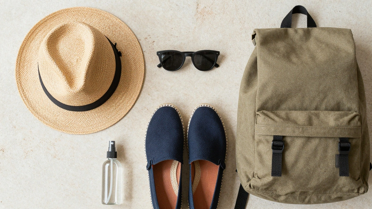 Flat lay of summer accessories including straw hat, sunglasses, and canvas bag on neutral background.