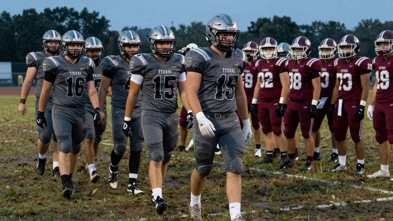 Football team in gray uniforms playing on a muddy field at dusk.
