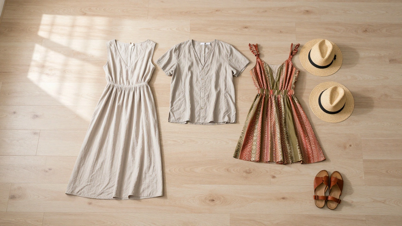 Neat layout of three summer dresses and accessories on wooden floor.