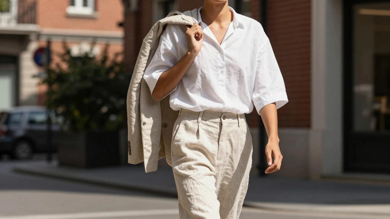 Person walking on city street wearing loose fitting summer clothes and holding a light jacket.