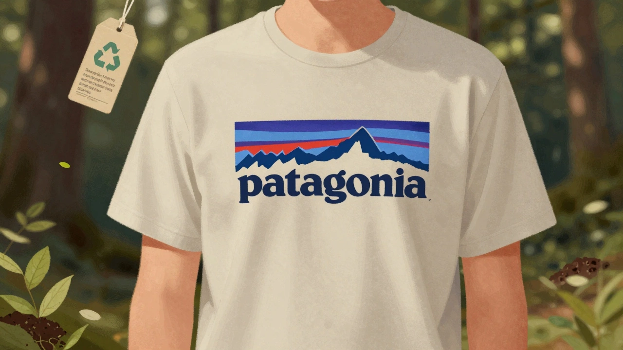 Person wearing an organic cotton tee in a forest, symbolizing sustainability and durability.