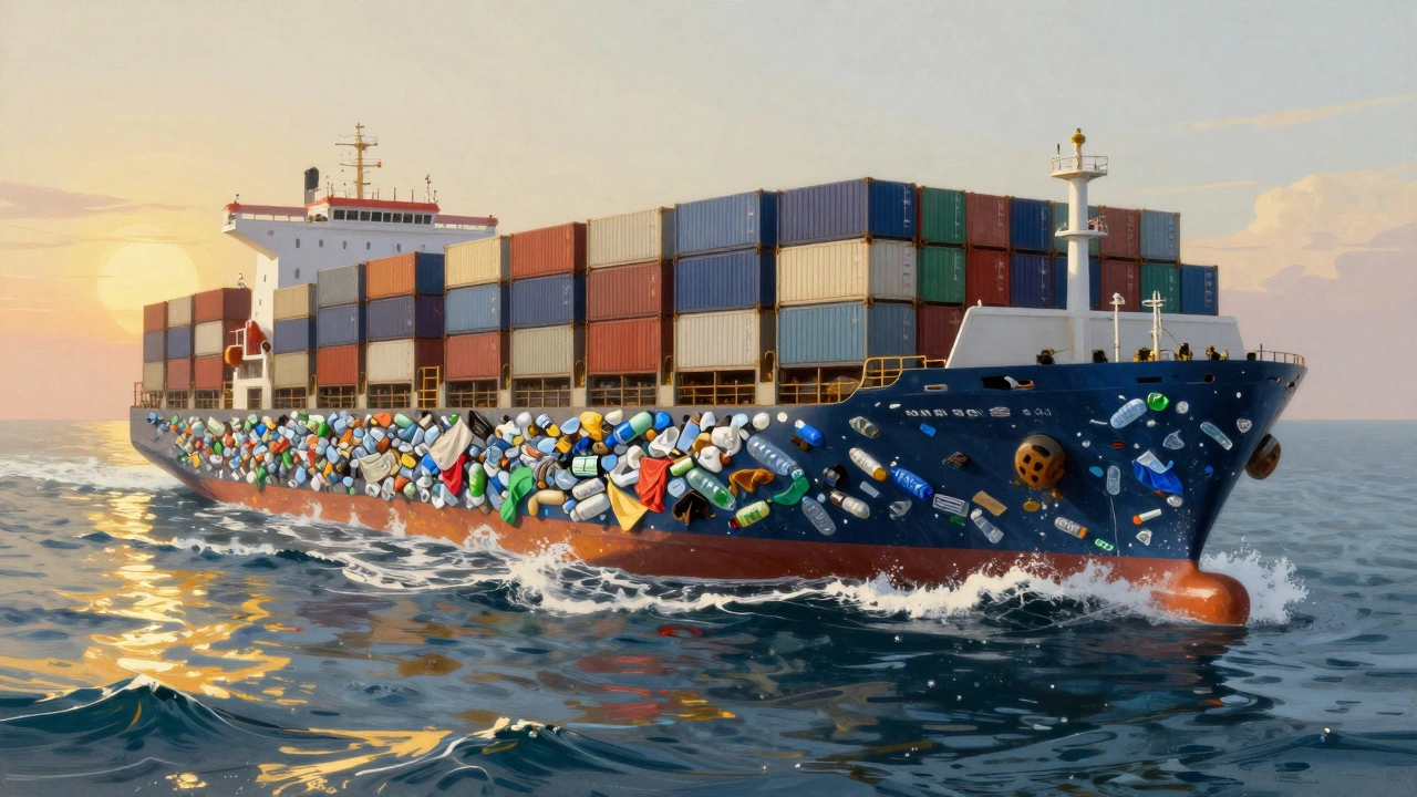 Ship sailing through waves of recycled materials