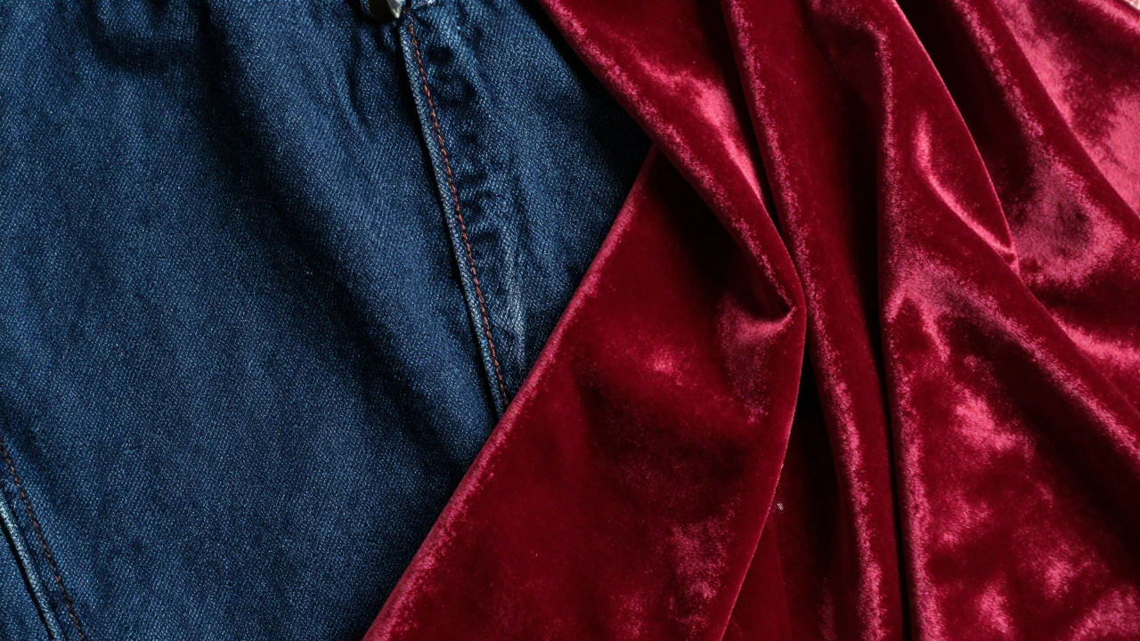 A close-up of heavy denim, velvet, and synthetic satin fabrics