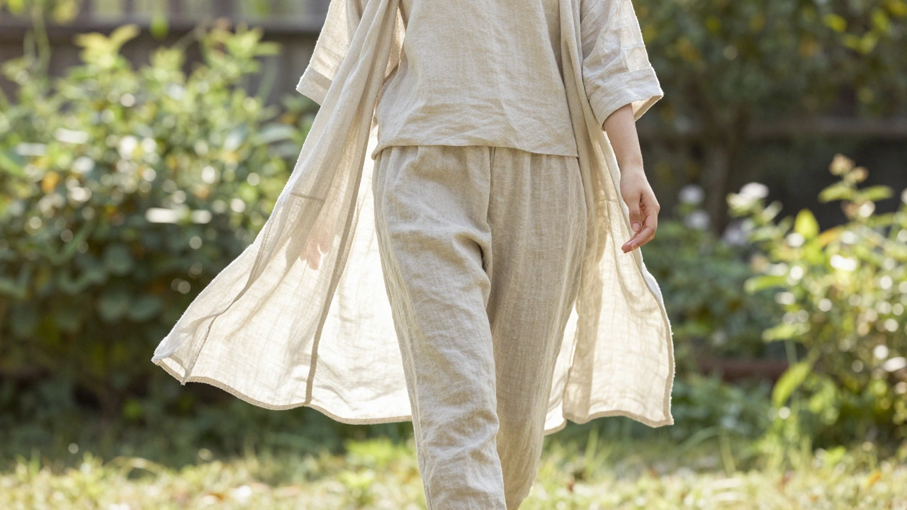 A person in a loose, breathable beige linen outfit in a sunny garden