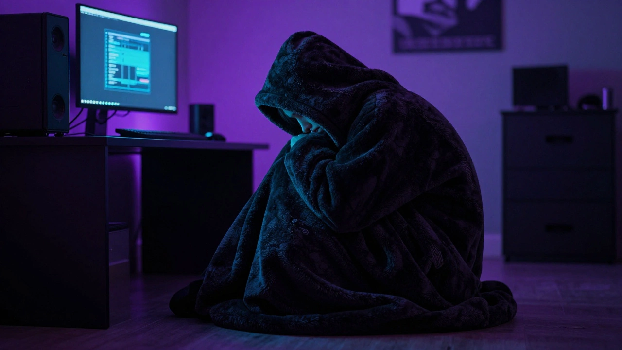 A person wearing an oversized hoodie in a dark room with purple and blue neon lights.