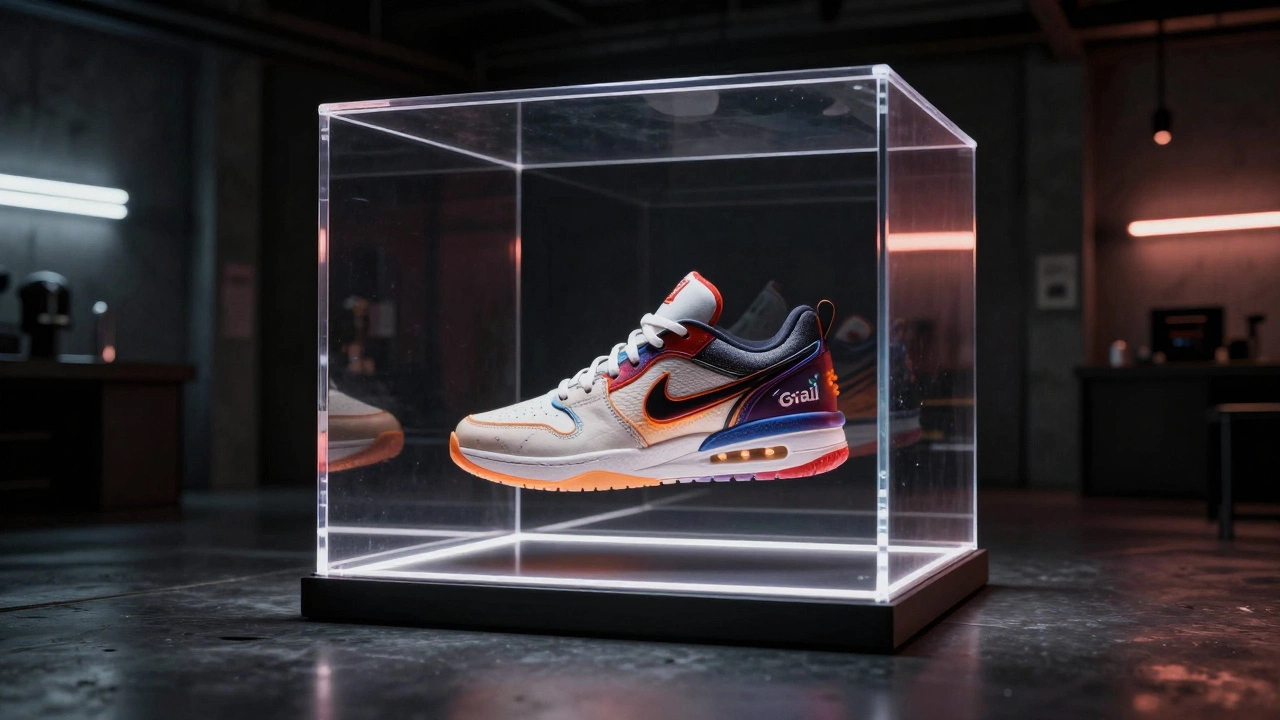 A rare limited-edition sneaker displayed in a lit acrylic case