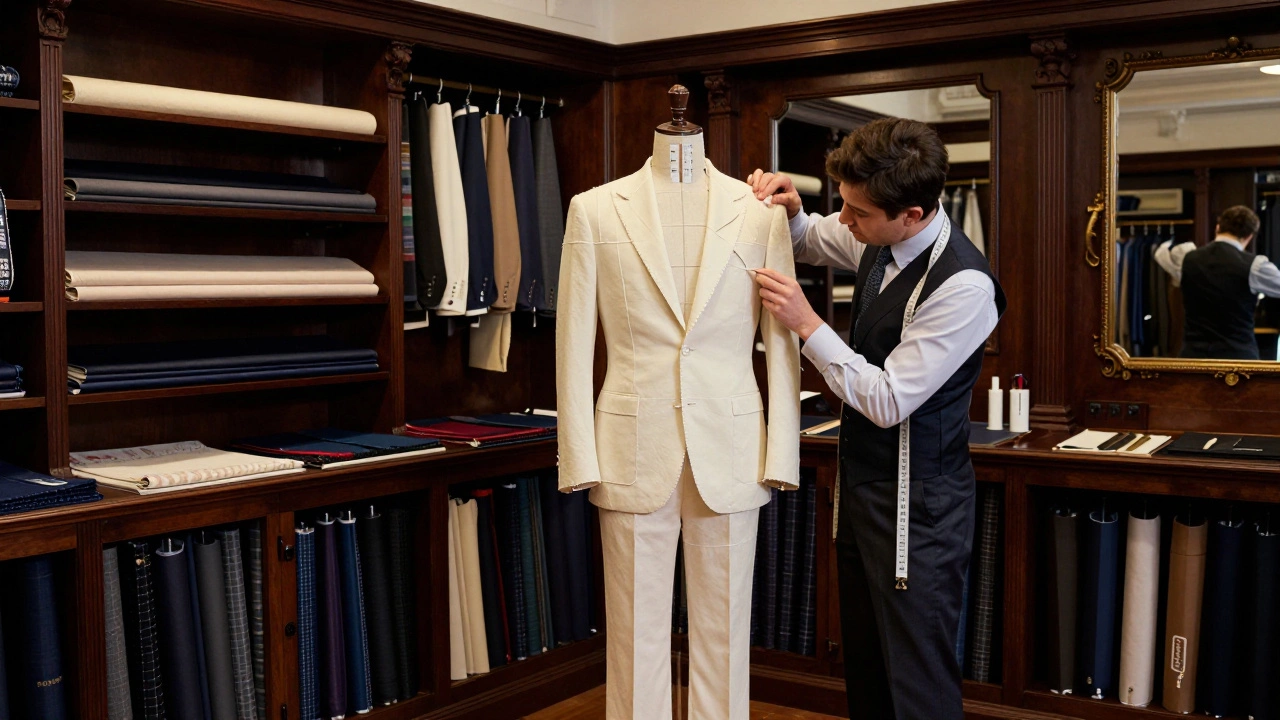 A tailor pinning a basted fitting suit on a client in a traditional London studio.