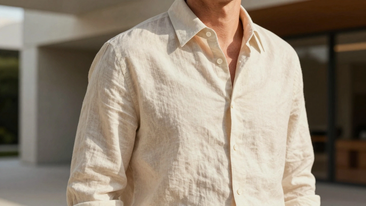 Close-up of a high-quality cream linen shirt in a modern, sunlit setting.