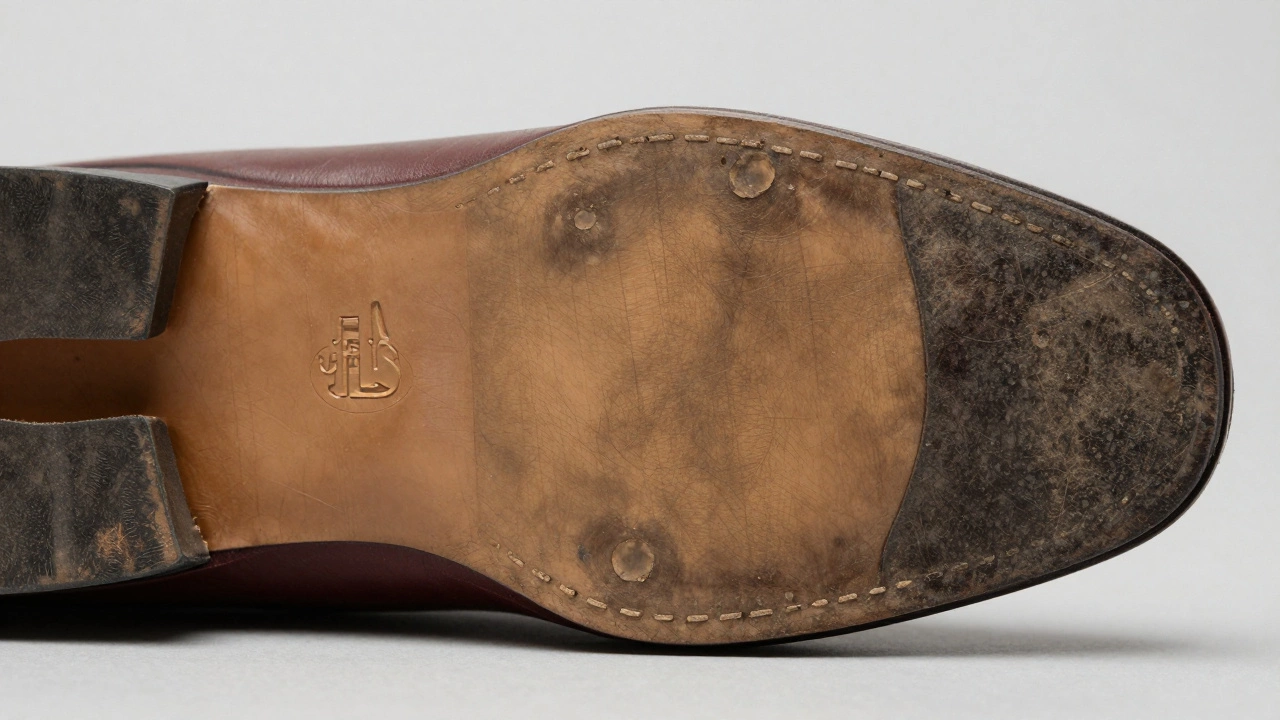 Close-up of a shoe sole showing uneven wear and a tilted heel