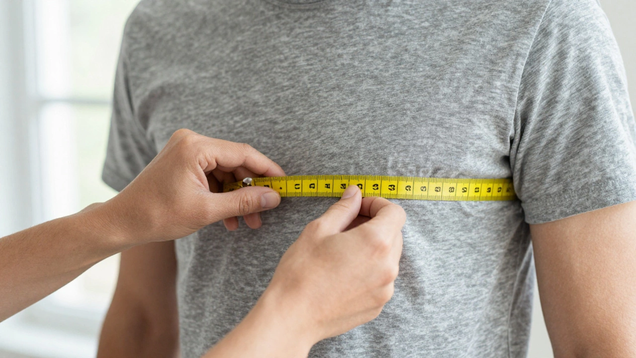 Close-up of a yellow measuring tape measuring a man's chest for a t-shirt
