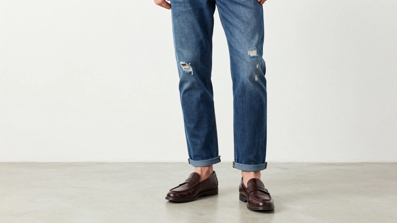 Close-up of medium-indigo distressed jeans paired with polished brown leather loafers