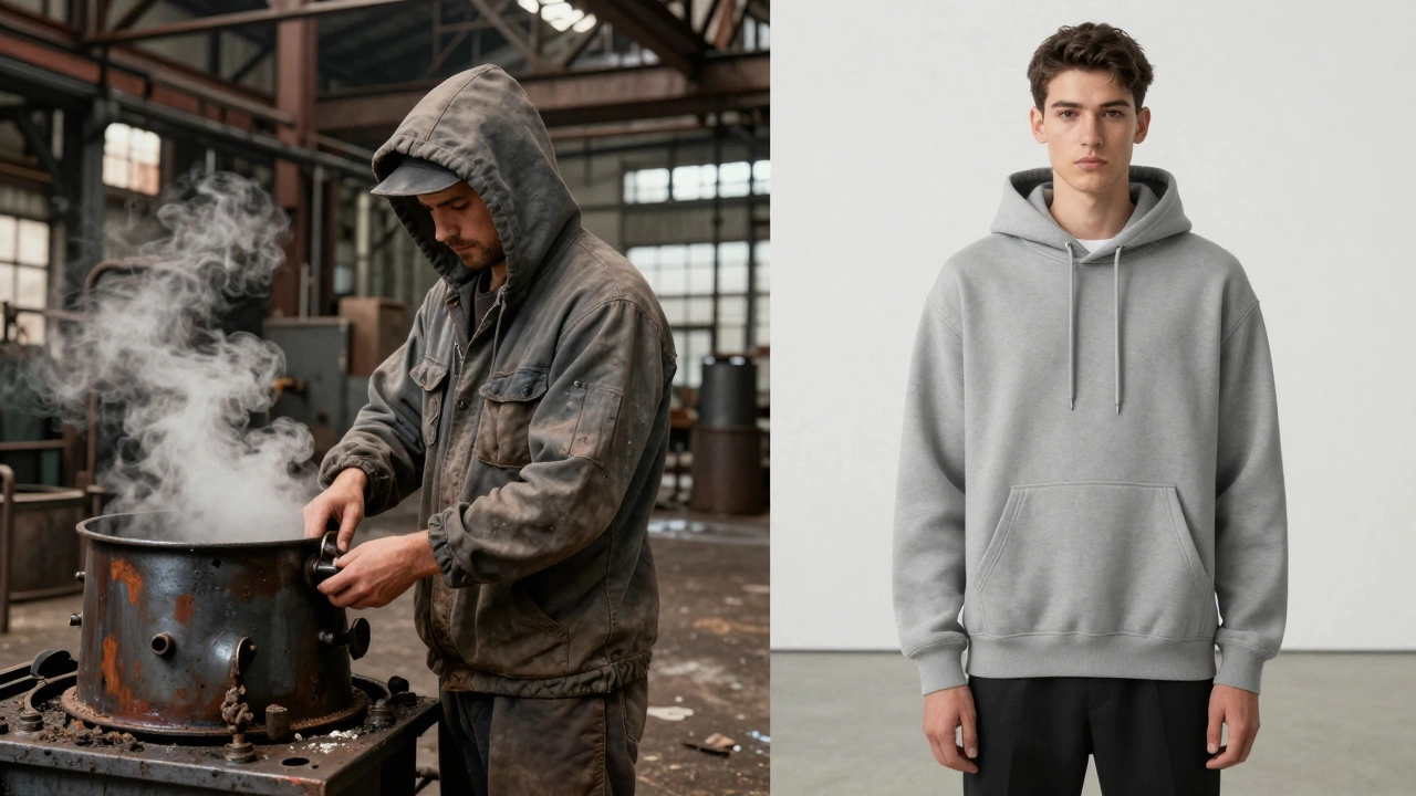 Comparison between a 1930s industrial worker and a modern luxury fashion wearer in hoodies.