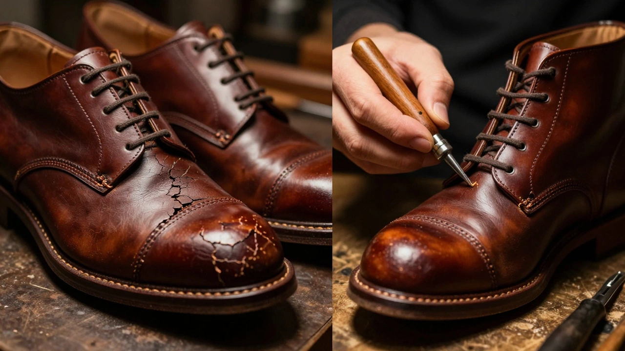 Comparison of a cracked leather shoe and a welted boot being repaired by a cobbler