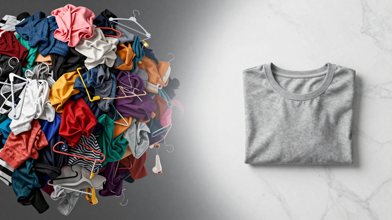Conceptual art contrasting a chaotic wardrobe with a single, calm grey t-shirt.