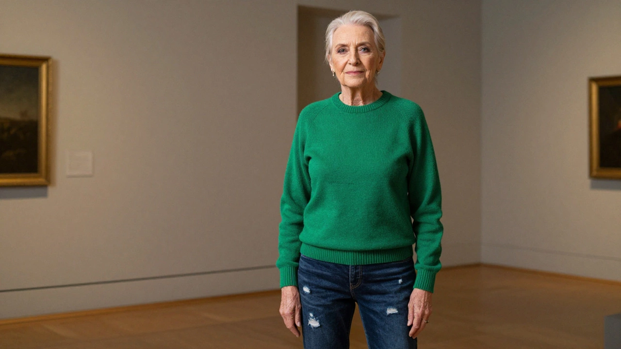 Confident senior wearing deep navy distressed jeans and a vibrant emerald green sweater